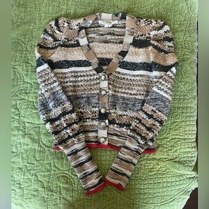 Veronica Beard Cecily Puff Sleeve Neutrals and Red Cardigan Small